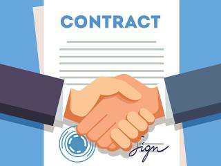 Business man firmly shaking hands over a signed contract with stamp. Modern flat style vector illustration.